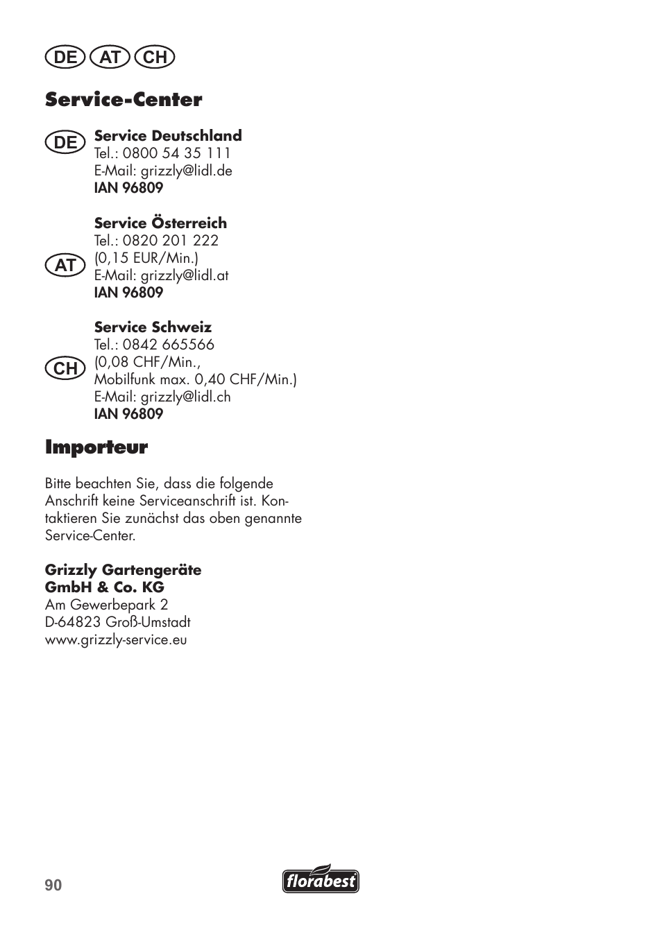 Service-center, Importeur, De at ch | Florabest FTP 400 C2 User Manual | Page 90 / 98