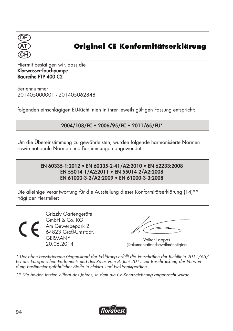 Original ce konformitätserklärung | Florabest FTP 400 C2 User Manual | Page 94 / 98