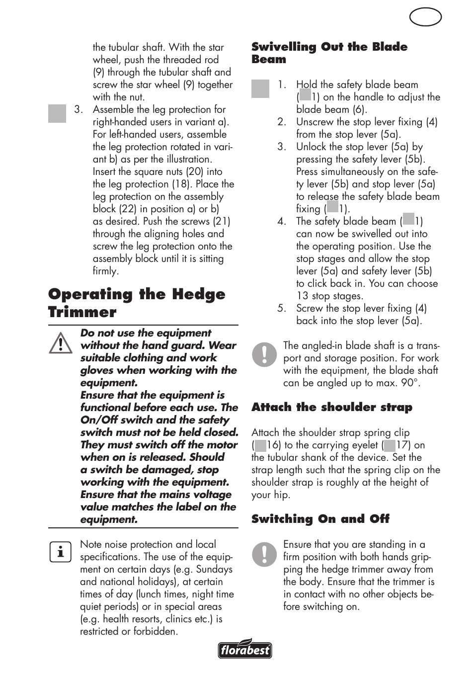 Operating the hedge trimmer | Florabest FHL 900 C4 User Manual | Page 11 / 112
