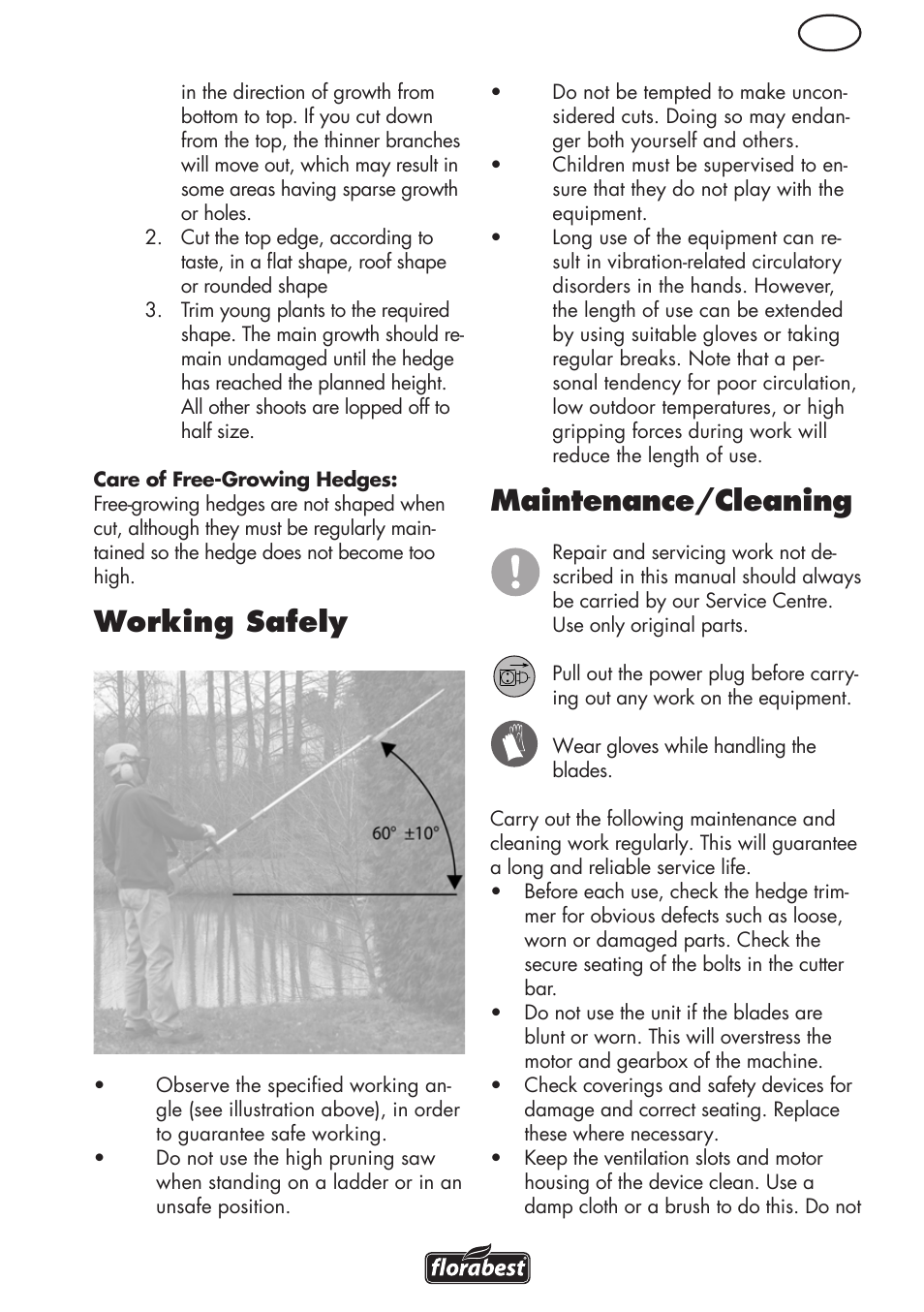 Working safely, Maintenance/cleaning | Florabest FHL 900 C4 User Manual | Page 13 / 112