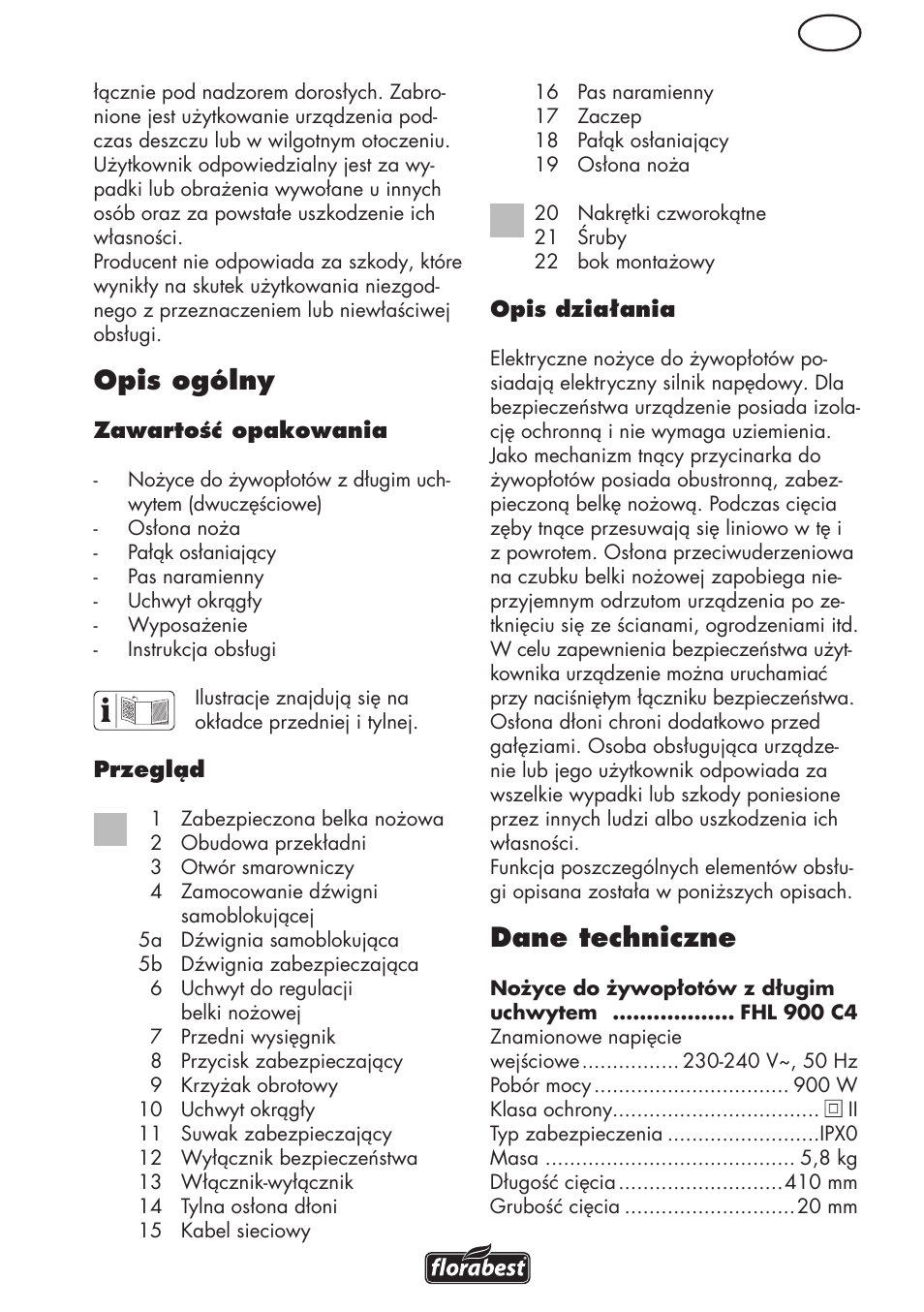 Opis ogólny, Dane techniczne | Florabest FHL 900 C4 User Manual | Page 19 / 112