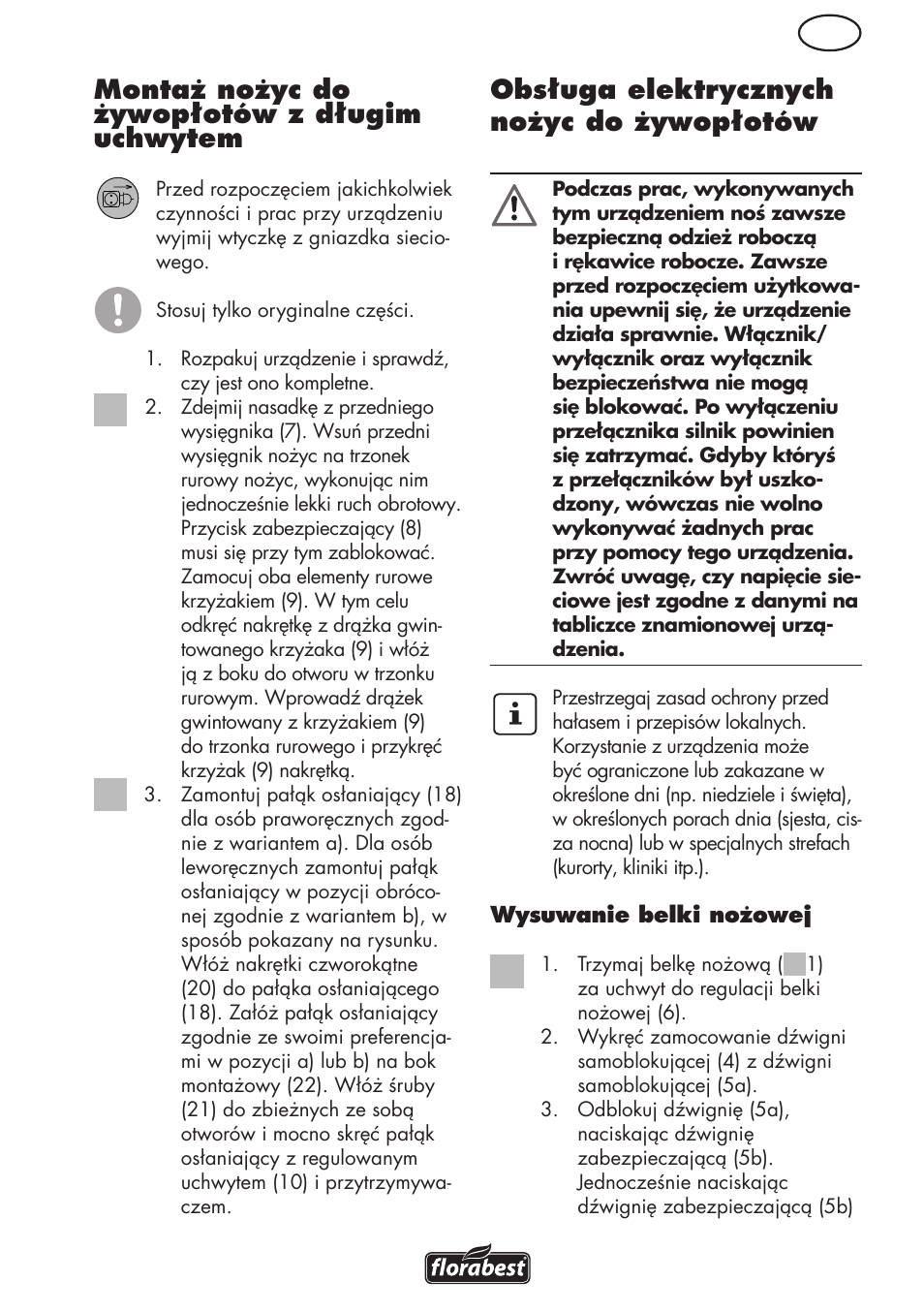 Pl montaż nożyc do żywopłotów z długim uchwytem, Obsługa elektrycznych nożyc do żywopłotów | Florabest FHL 900 C4 User Manual | Page 25 / 112