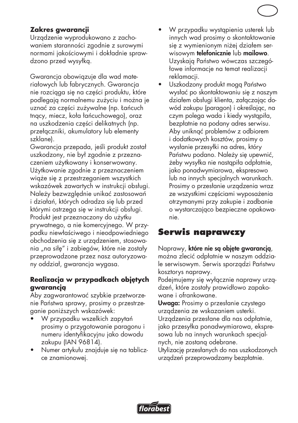 Serwis naprawczy | Florabest FHL 900 C4 User Manual | Page 31 / 112