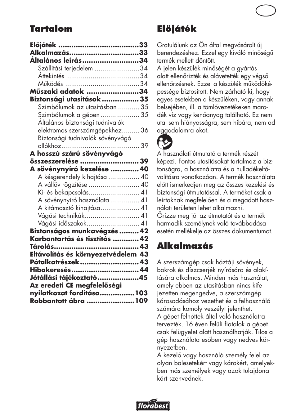 Hu előjáték, Alkalmazás, Tartalom | Florabest FHL 900 C4 User Manual | Page 33 / 112