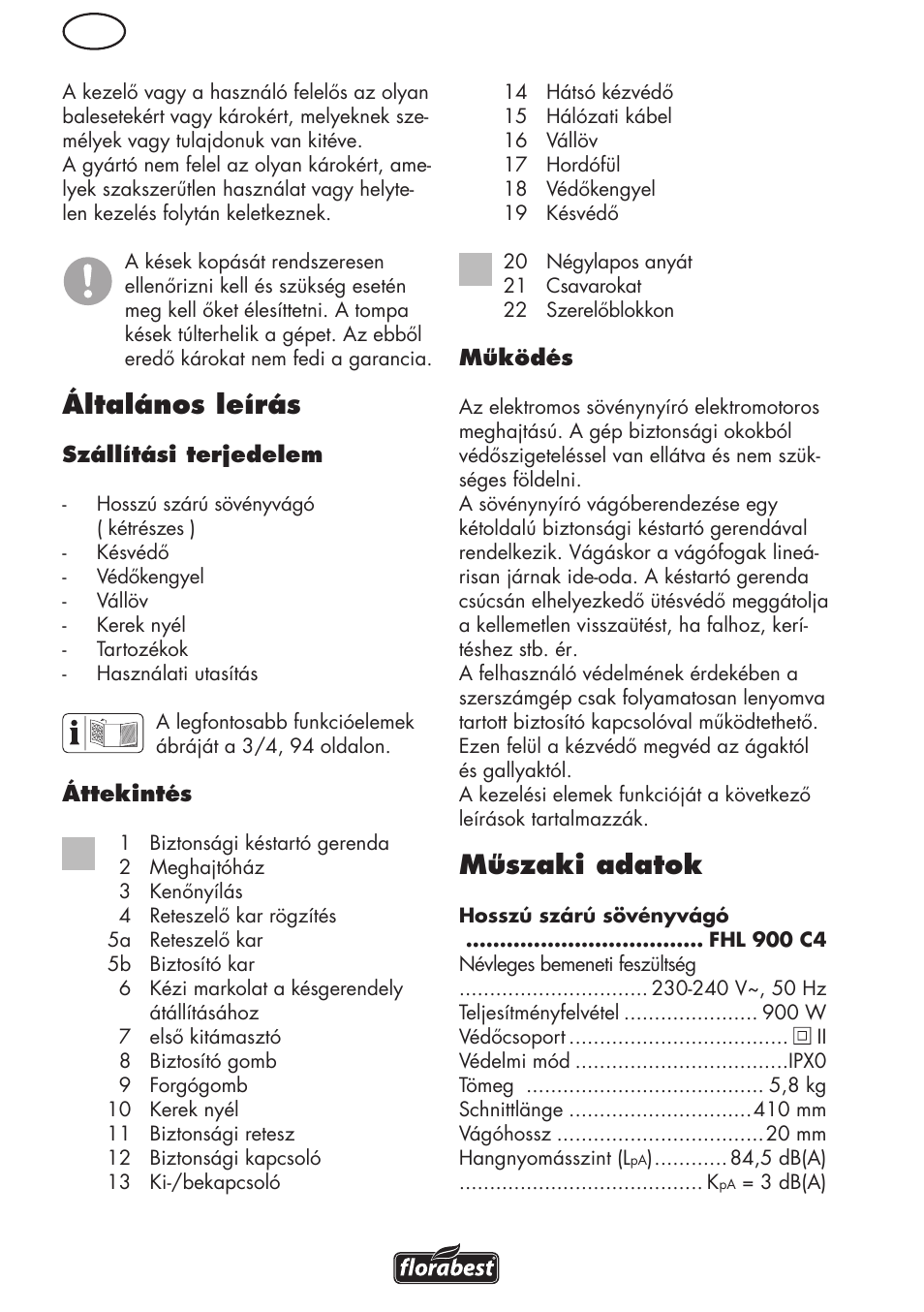 Általános leírás, Műszaki adatok | Florabest FHL 900 C4 User Manual | Page 34 / 112