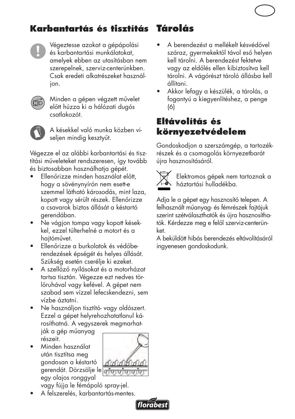 Tárolás, Hu karbantartás és tisztítás, Eltávolítás és környezetvédelem | Florabest FHL 900 C4 User Manual | Page 43 / 112