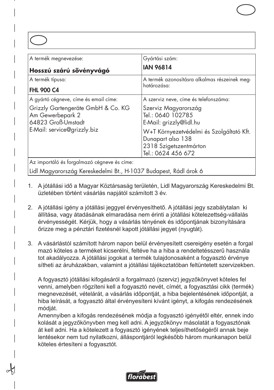 Jótállási tájékoztató | Florabest FHL 900 C4 User Manual | Page 45 / 112