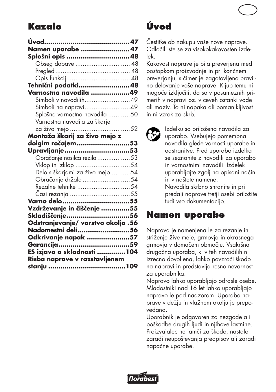 Úvod, Namen uporabe, Kazalo | Florabest FHL 900 C4 User Manual | Page 47 / 112