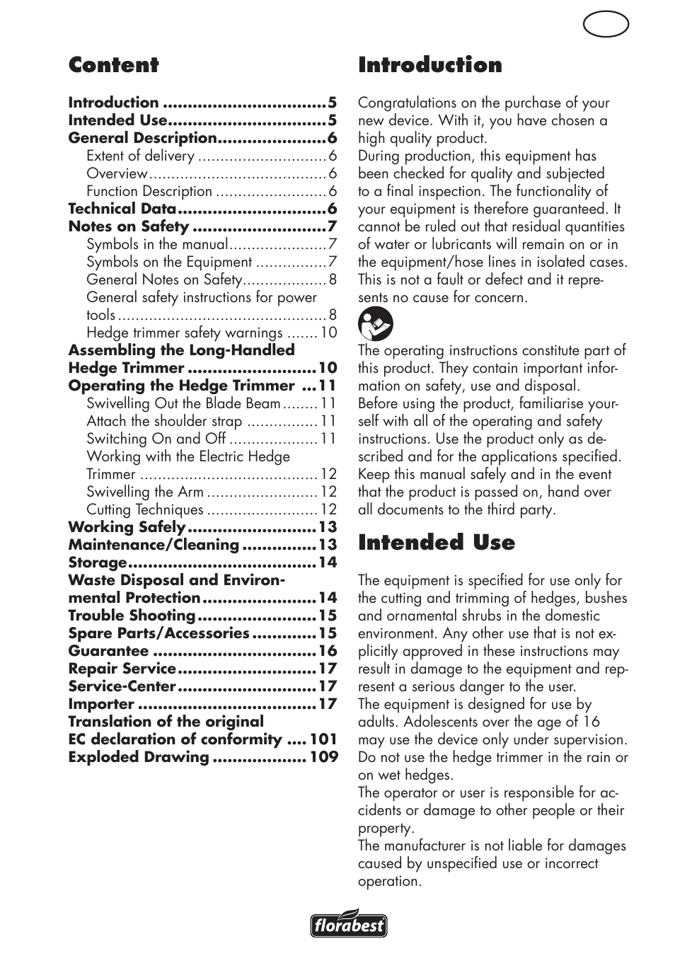 Content, Introduction, Intended use | Florabest FHL 900 C4 User Manual | Page 5 / 112