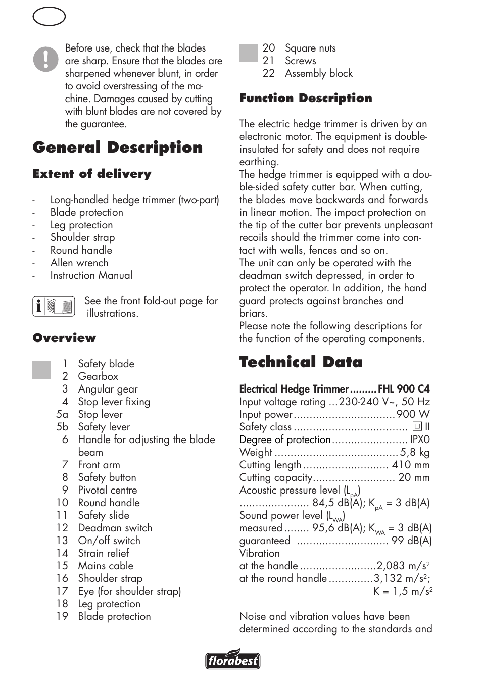 General description, Technical data | Florabest FHL 900 C4 User Manual | Page 6 / 112