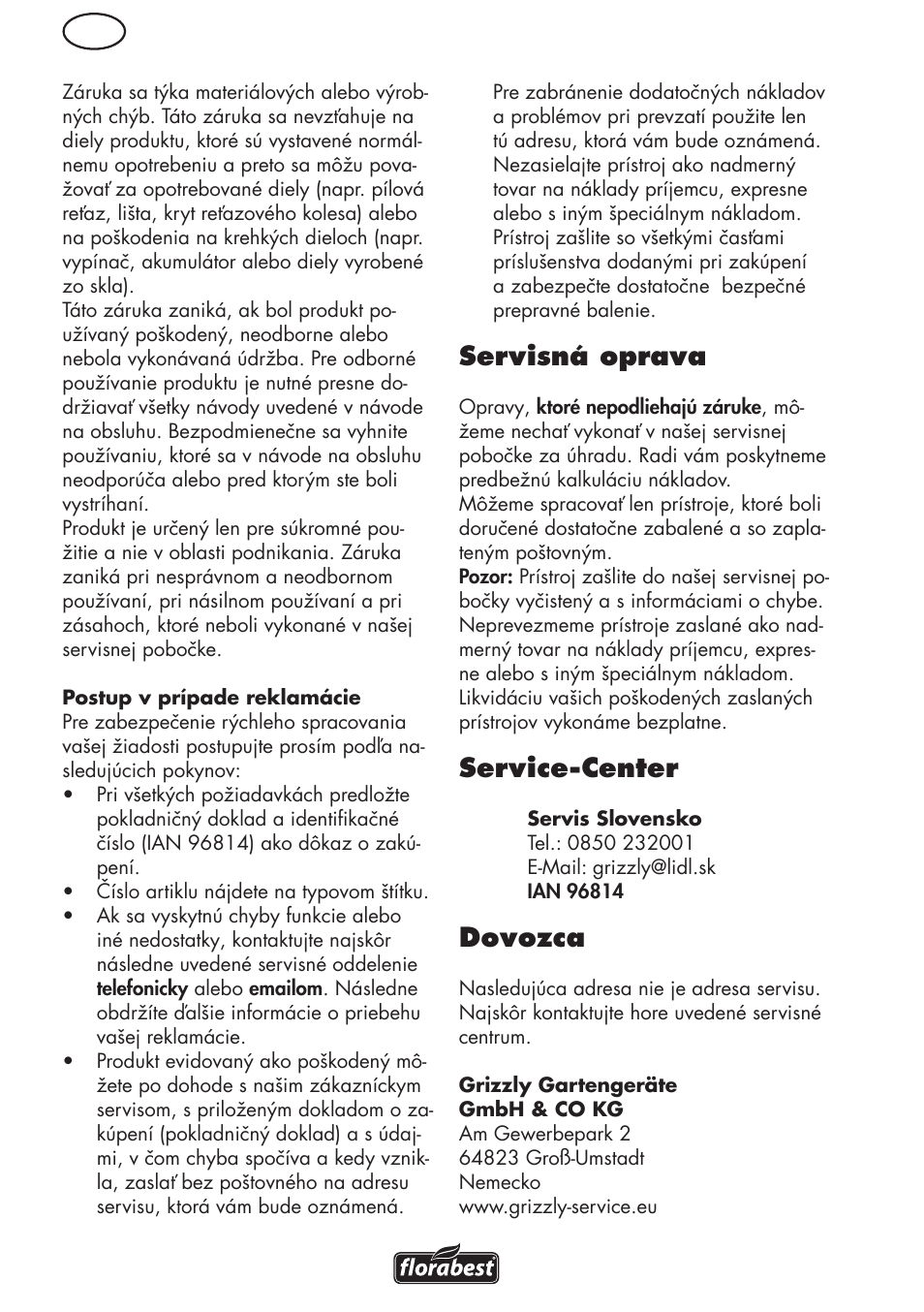 Servisná oprava, Service-center, Dovozca | Florabest FHL 900 C4 User Manual | Page 86 / 112