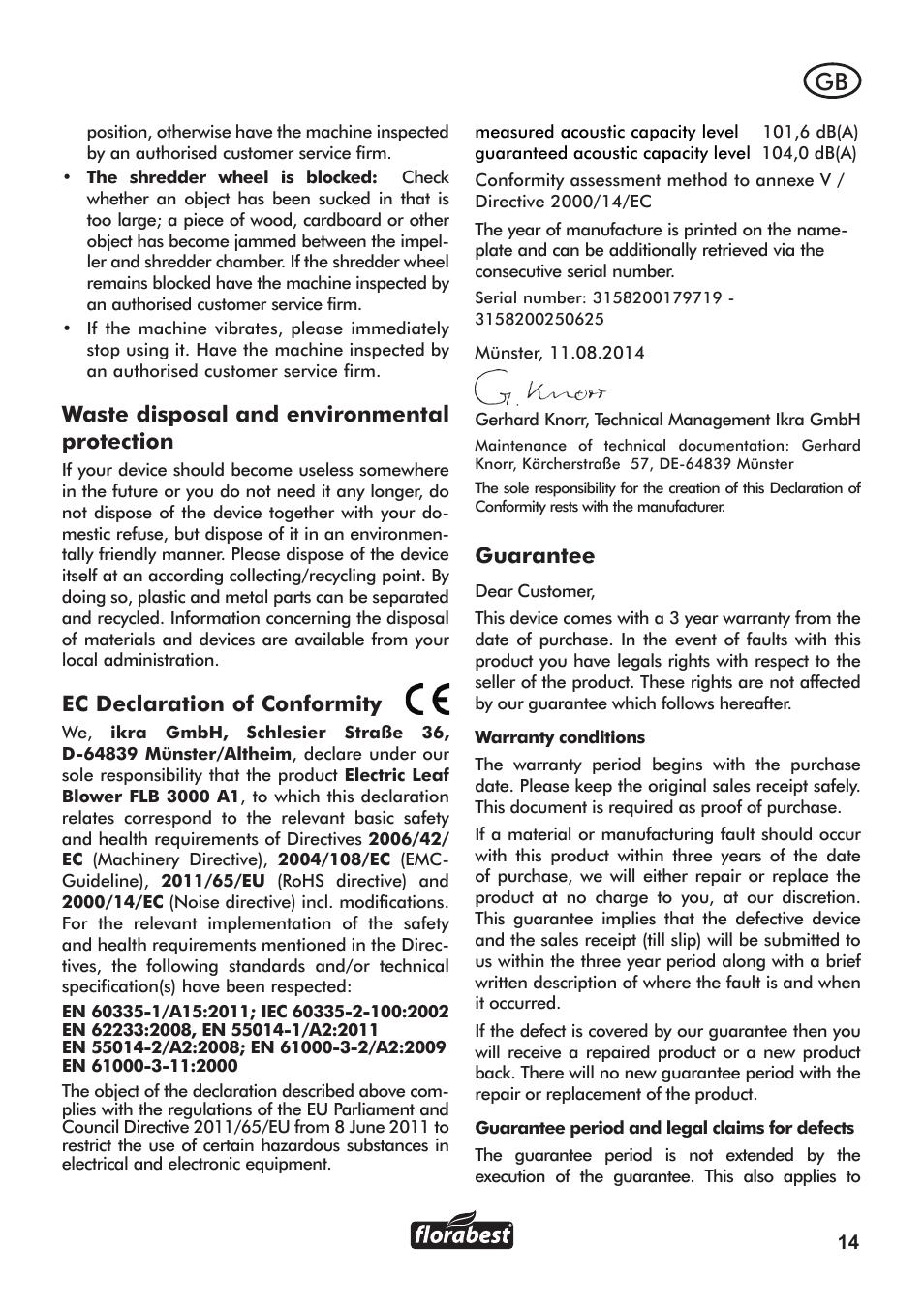 Waste disposal and environmental protection, Ec declaration of conformity, Guarantee | Florabest FLB 3000 A1 User Manual | Page 15 / 92