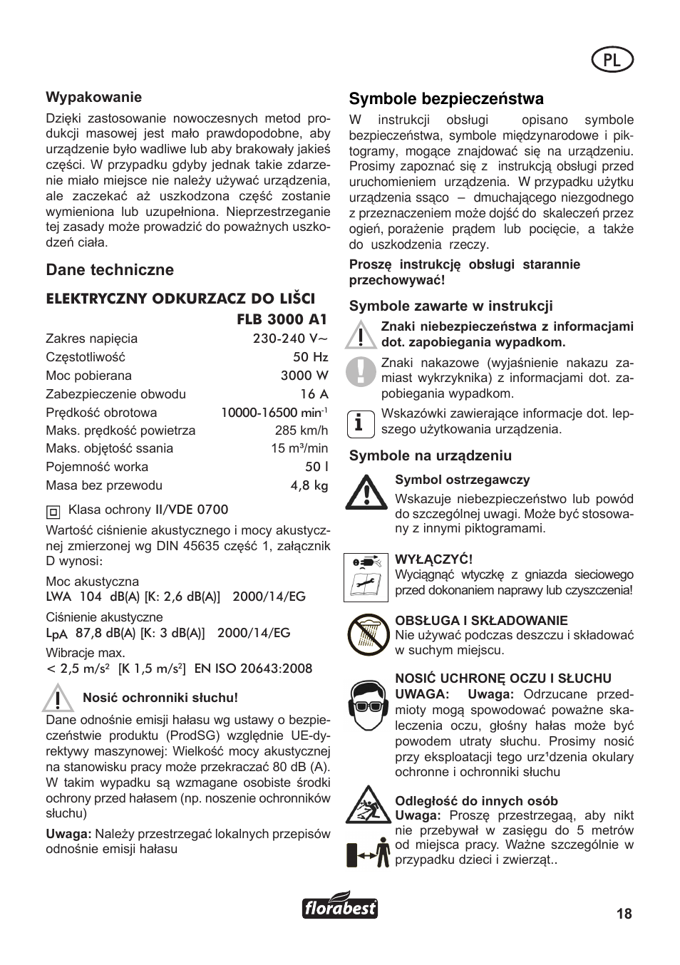 Dane techniczne, Symbole bezpieczeñstwa | Florabest FLB 3000 A1 User Manual | Page 19 / 92