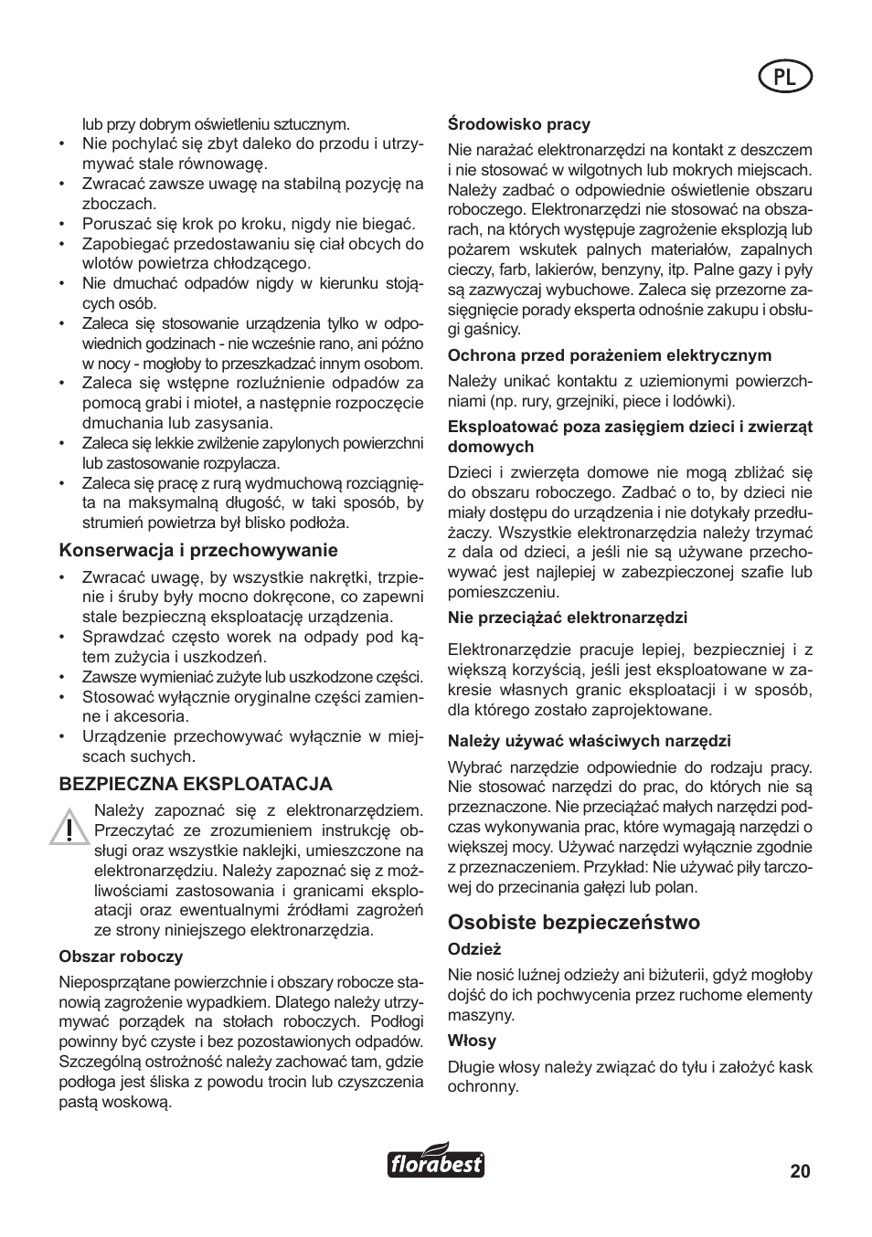 Osobiste bezpieczeństwo | Florabest FLB 3000 A1 User Manual | Page 21 / 92