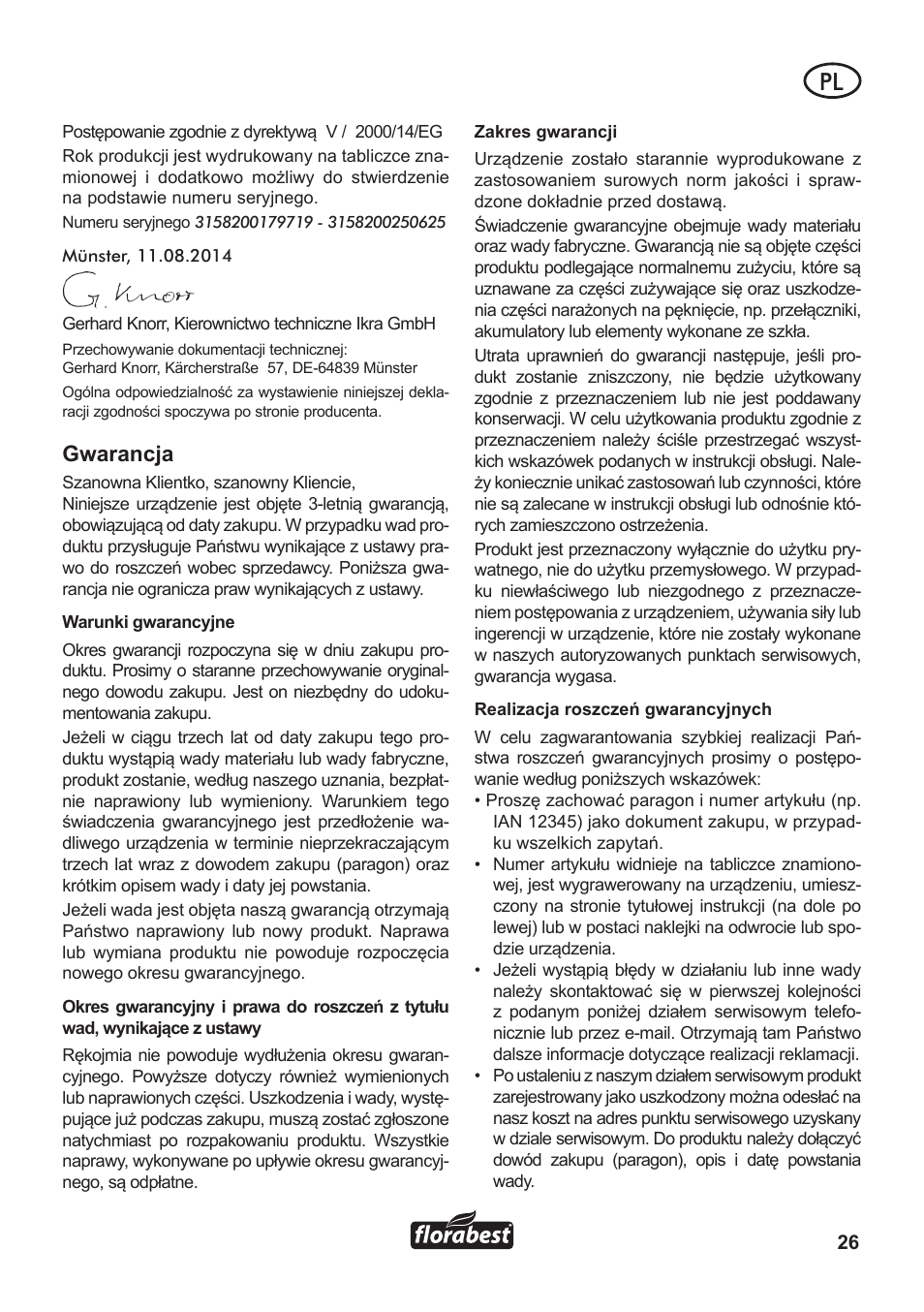 Gwarancja | Florabest FLB 3000 A1 User Manual | Page 27 / 92