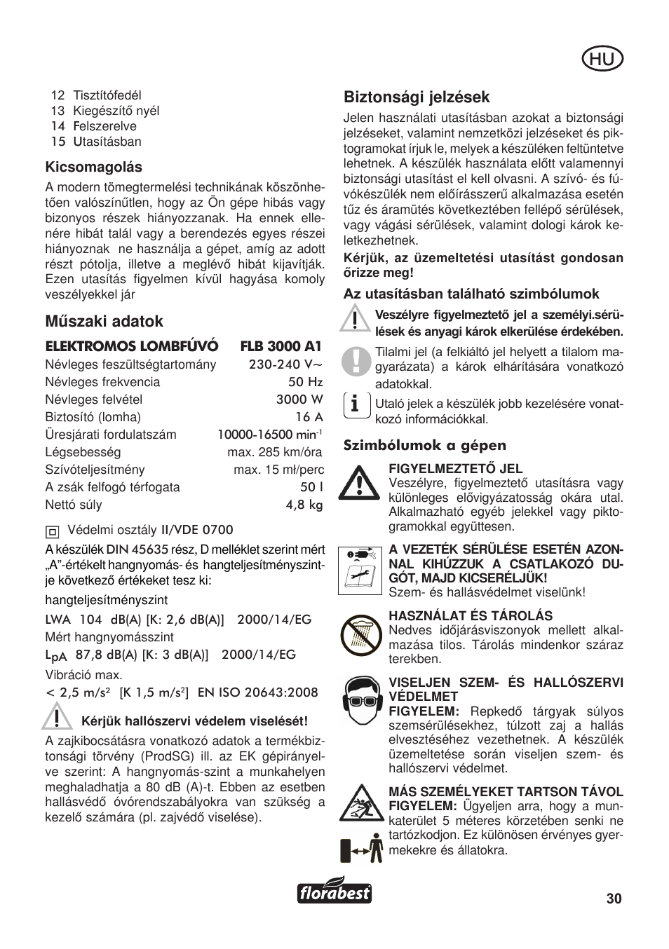 Mûszaki adatok, Biztonsági jelzések | Florabest FLB 3000 A1 User Manual | Page 31 / 92