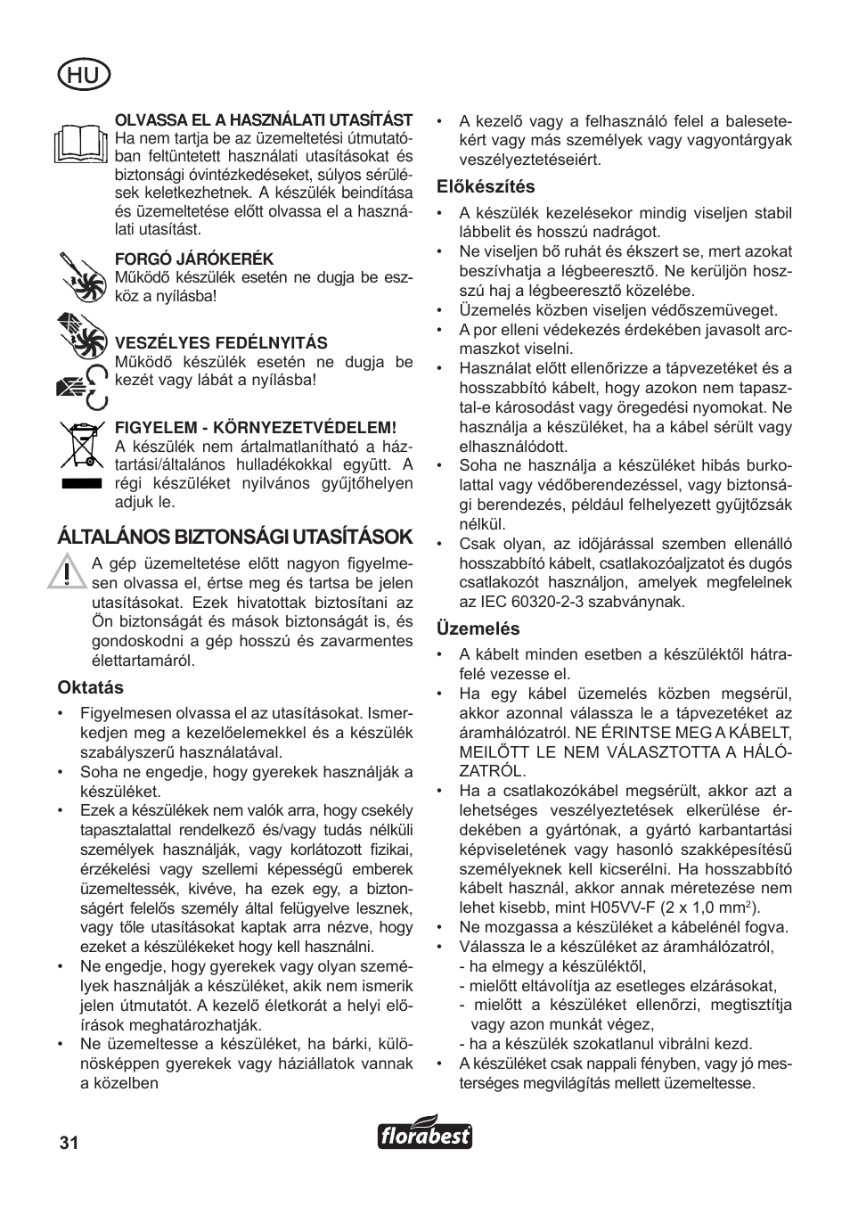 Általános biztonsági utasítások | Florabest FLB 3000 A1 User Manual | Page 32 / 92