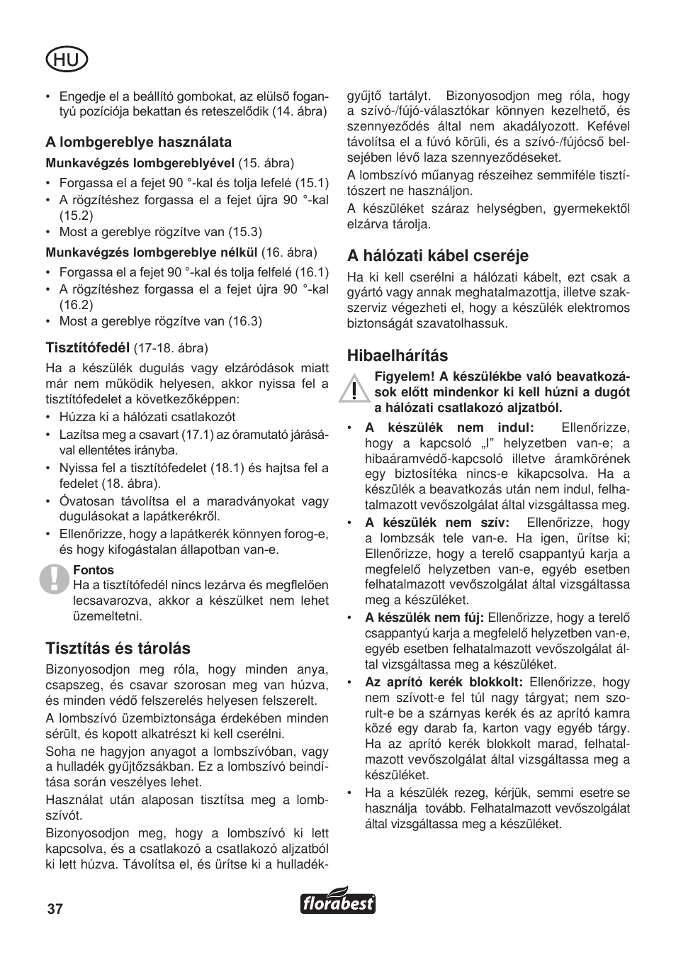 Tisztítás és tárolás, A hálózati kábel cseréje, Hibaelhárítás | Florabest FLB 3000 A1 User Manual | Page 38 / 92