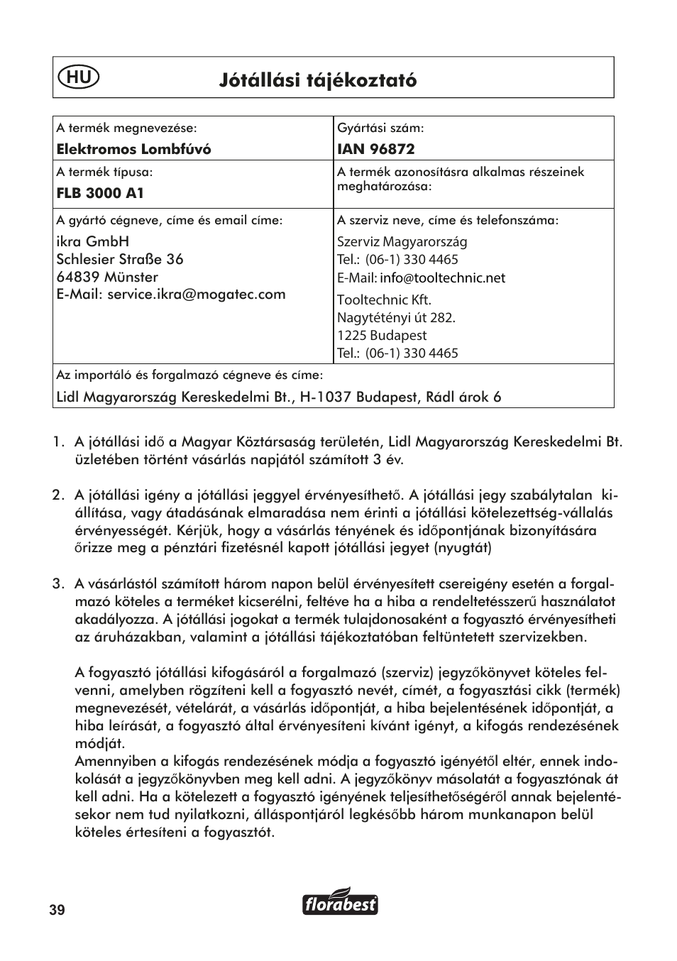 Jótállási tájékoztató | Florabest FLB 3000 A1 User Manual | Page 40 / 92