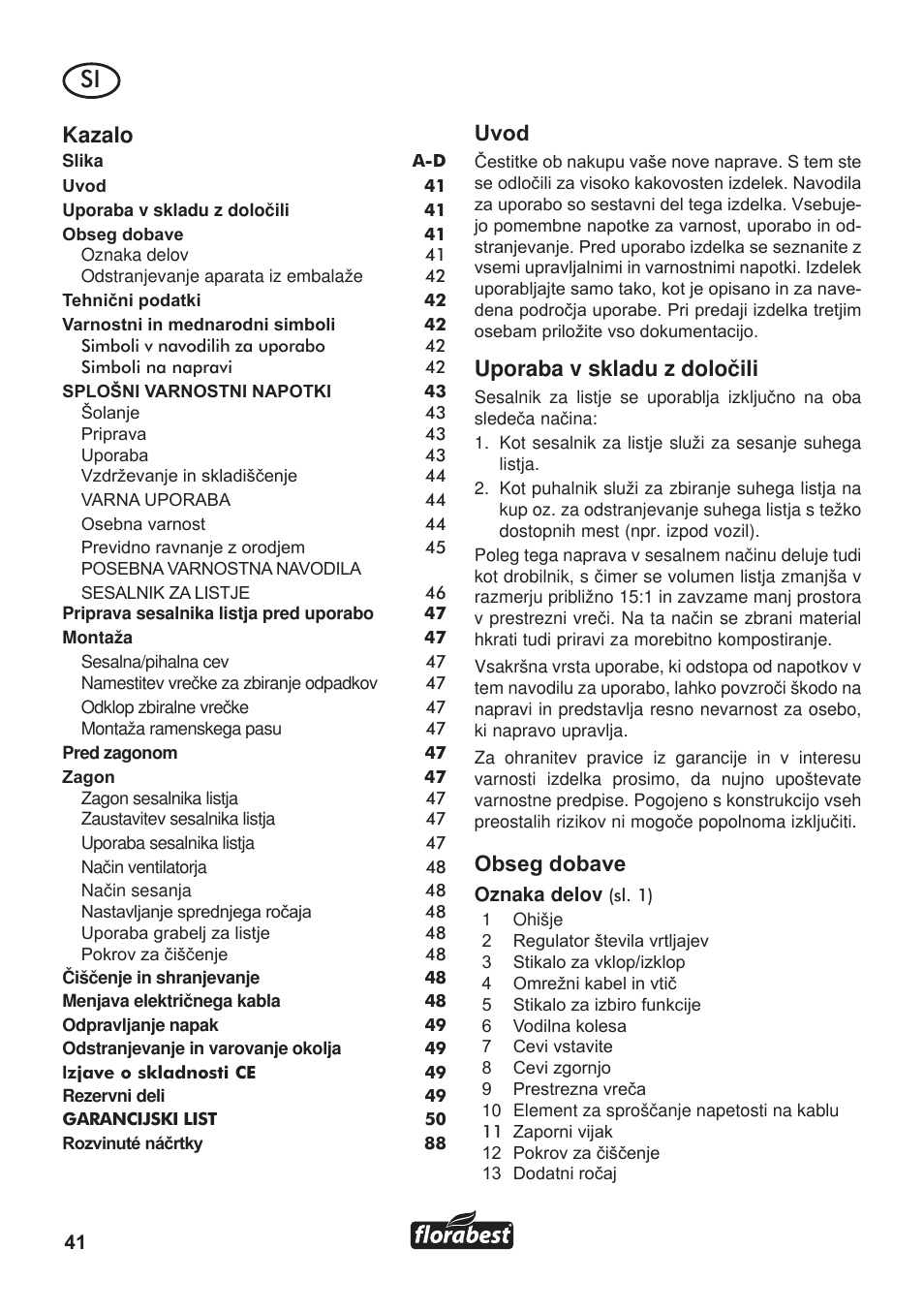 Kazalo, Uvod, Uporaba v skladu z doloèili | Obseg dobave | Florabest FLB 3000 A1 User Manual | Page 42 / 92