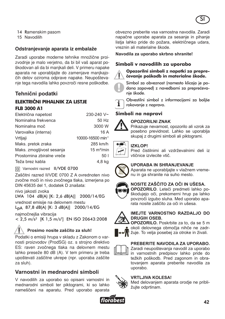 Tehnični podatki, Varnostni in mednarodni simboli | Florabest FLB 3000 A1 User Manual | Page 43 / 92