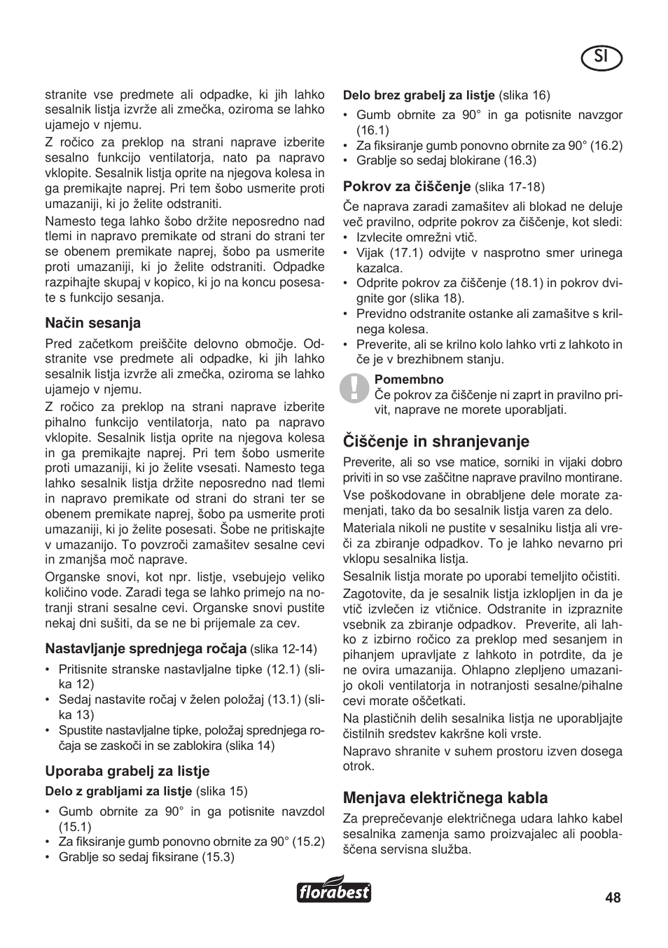 Čišèenje in shranjevanje, Menjava elektriènega kabla | Florabest FLB 3000 A1 User Manual | Page 49 / 92