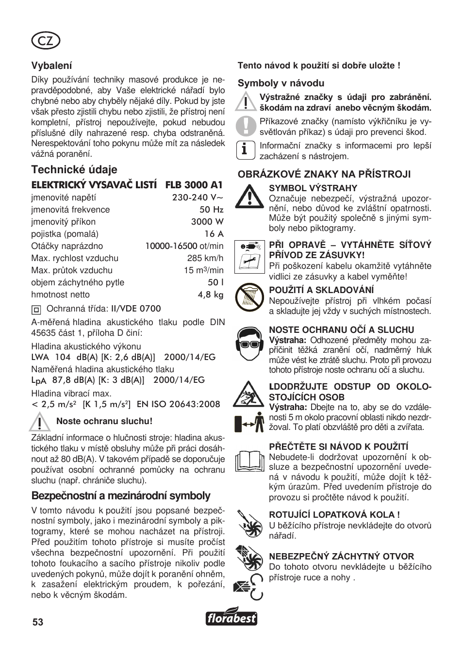 Technické údaje, Bezpeènostní a mezinárodní symboly | Florabest FLB 3000 A1 User Manual | Page 54 / 92