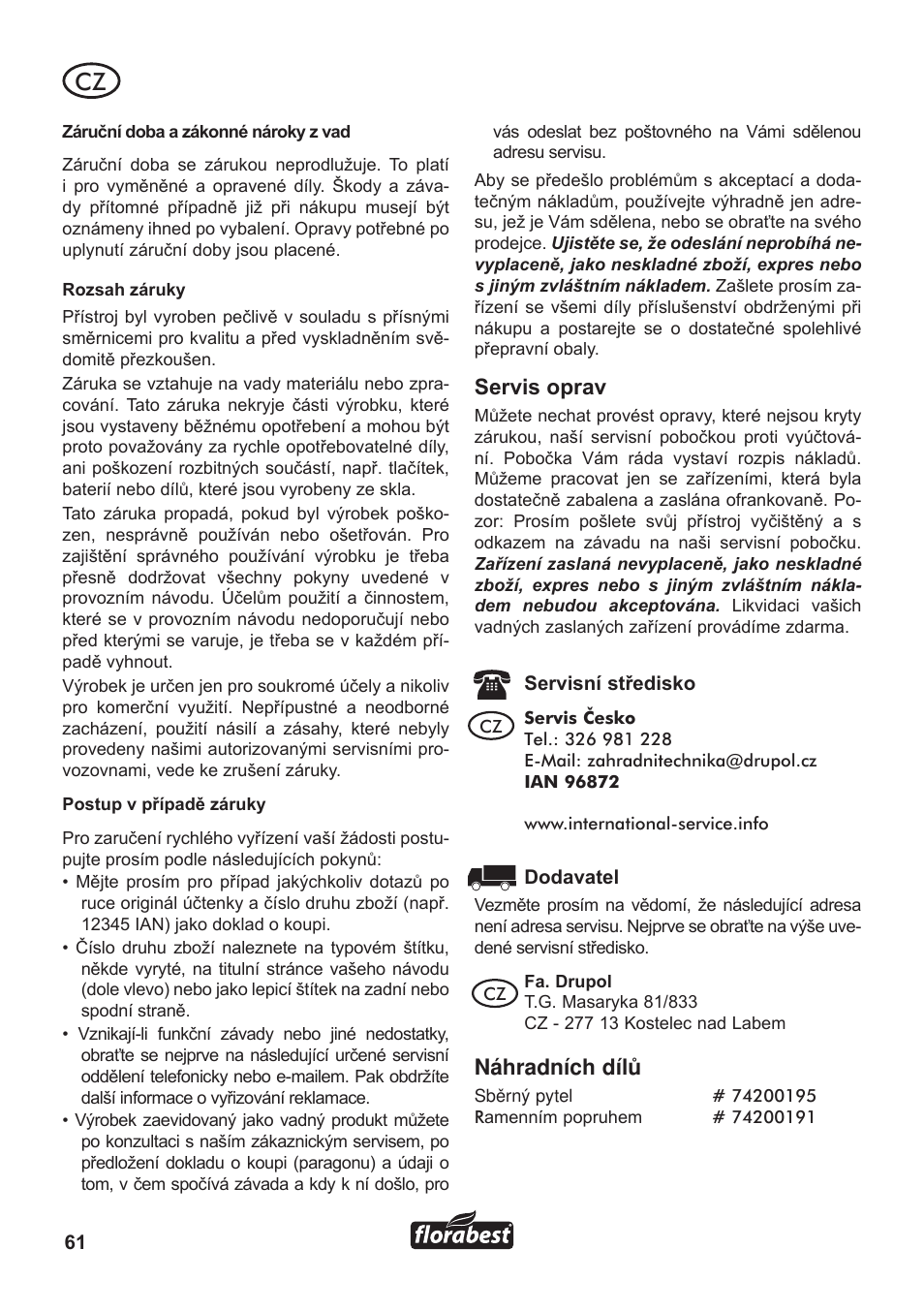 Servis oprav, Náhradních dílù | Florabest FLB 3000 A1 User Manual | Page 62 / 92