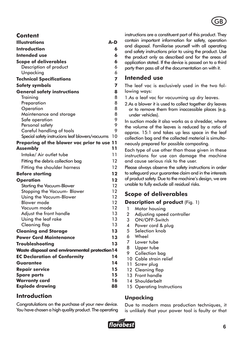 Content, Introduction, Intended use | Scope of deliverables | Florabest FLB 3000 A1 User Manual | Page 7 / 92