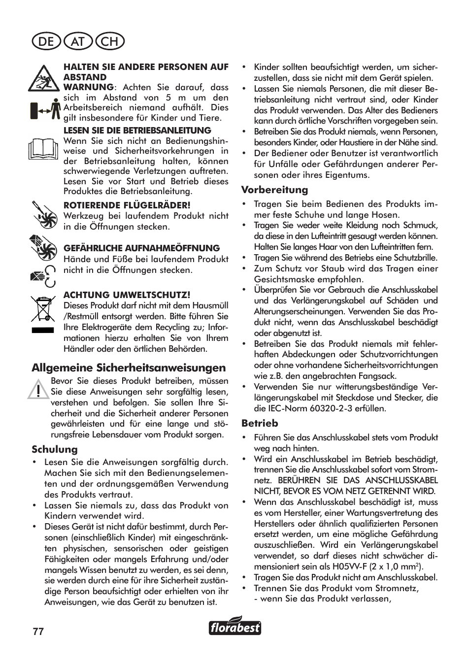 De ch at, Allgemeine sicherheitsanweisungen | Florabest FLB 3000 A1 User Manual | Page 78 / 92