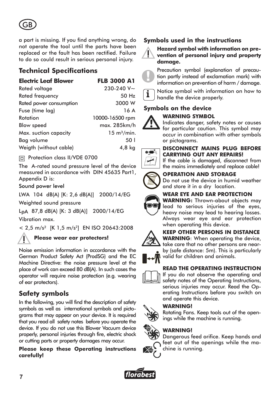 Technical specifications, Safety symbols | Florabest FLB 3000 A1 User Manual | Page 8 / 92