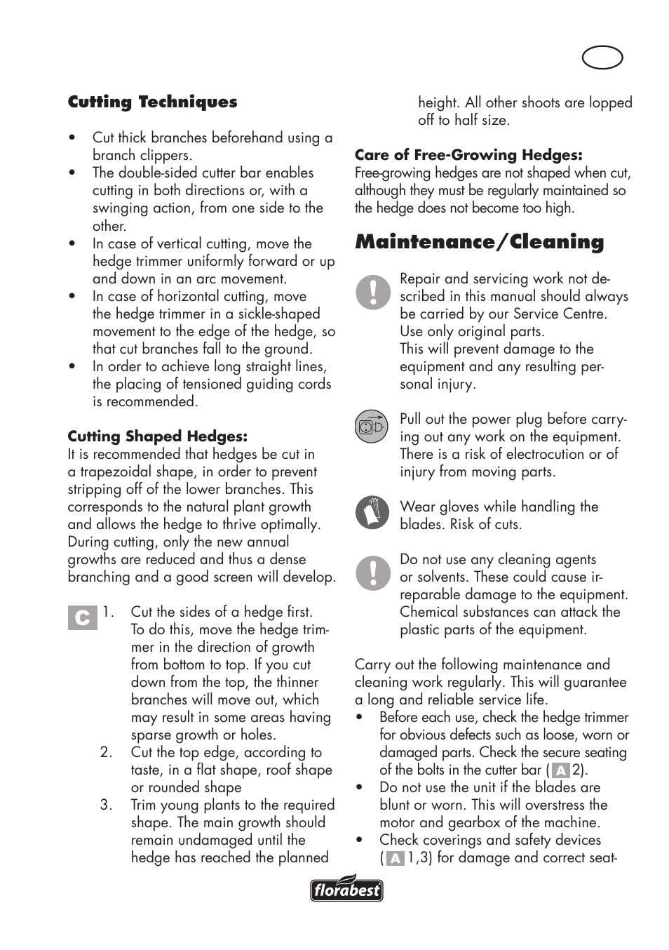 Maintenance/cleaning | Florabest FHT 600 C3 User Manual | Page 11 / 98