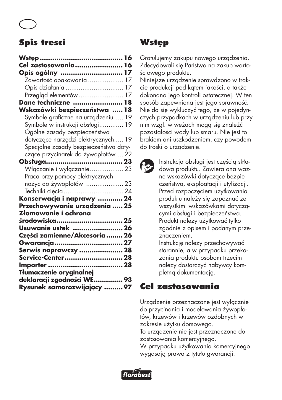 Wstęp, Cel zastosowania, Spis tresci | Florabest FHT 600 C3 User Manual | Page 16 / 98