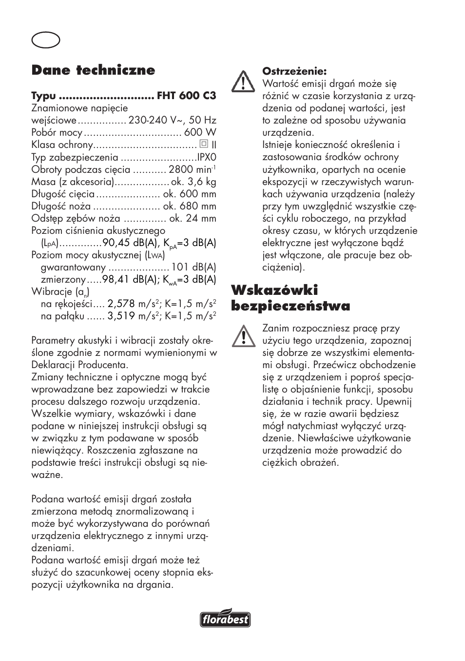 Dane techniczne, Wskazówki bezpieczeństwa | Florabest FHT 600 C3 User Manual | Page 18 / 98