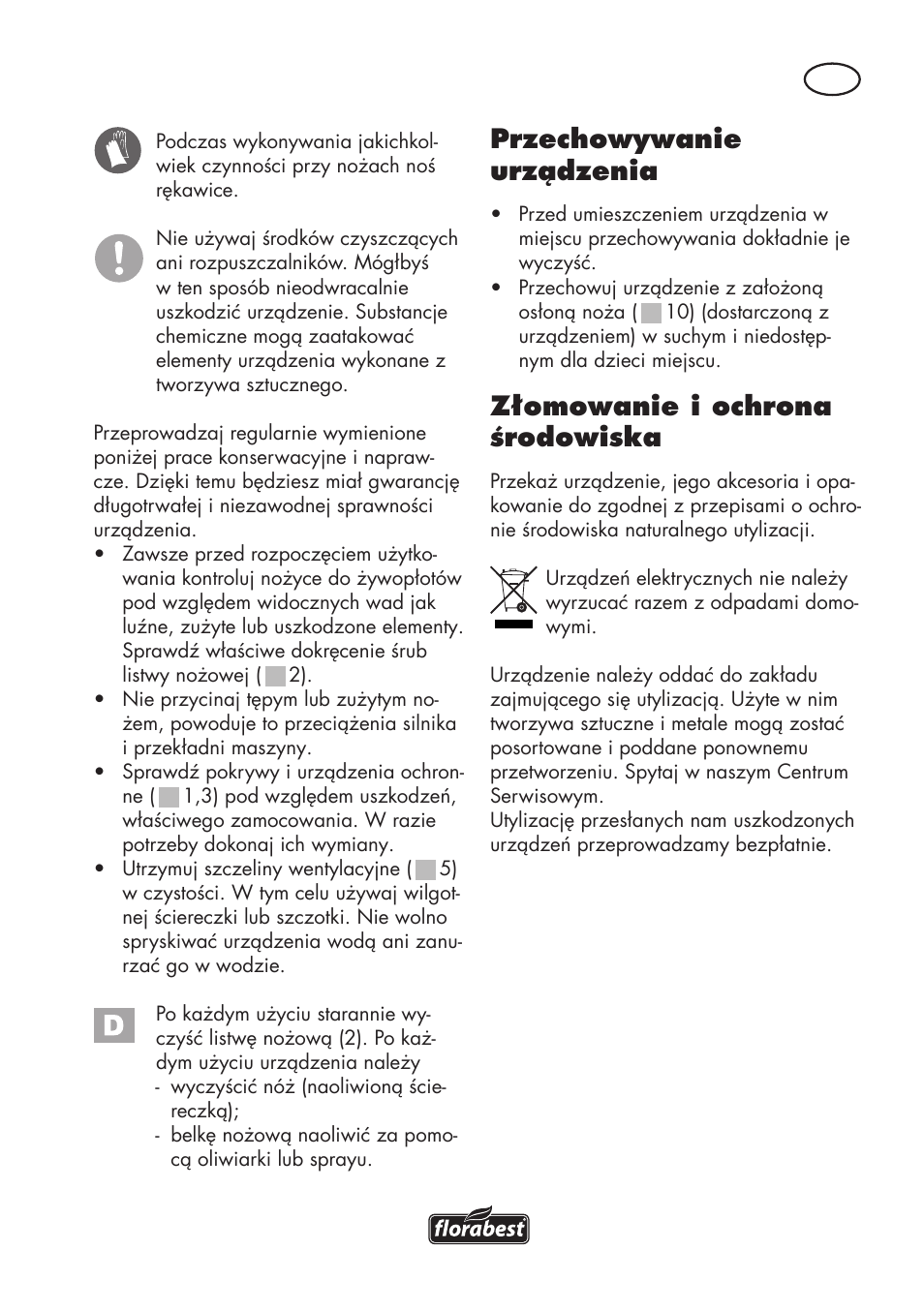 Przechowywanie urządzenia, Złomowanie i ochrona środowiska | Florabest FHT 600 C3 User Manual | Page 25 / 98
