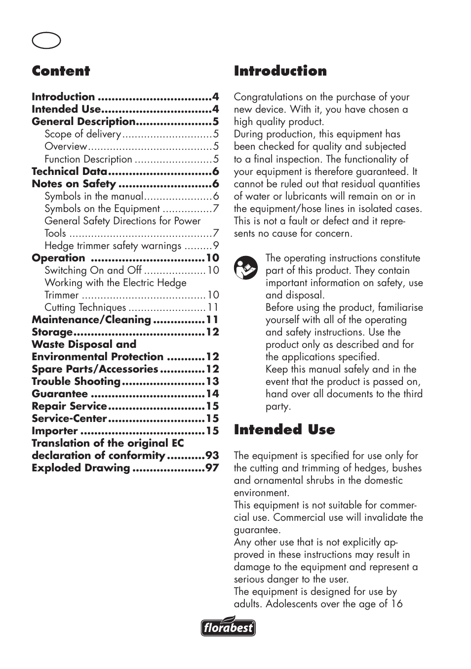 Content, Introduction, Intended use | Florabest FHT 600 C3 User Manual | Page 4 / 98