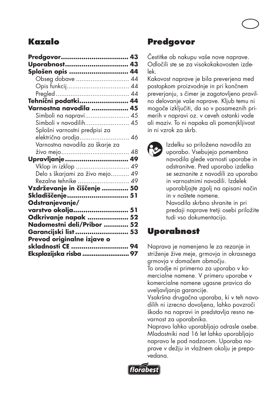 Predgovor, Uporabnost, Kazalo | Florabest FHT 600 C3 User Manual | Page 43 / 98