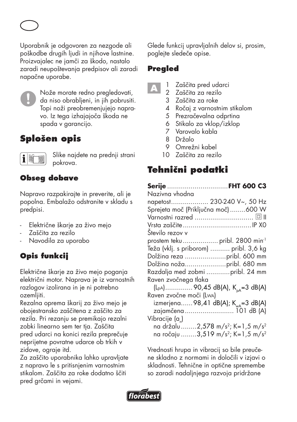 Splošen opis, Tehnični podatki | Florabest FHT 600 C3 User Manual | Page 44 / 98