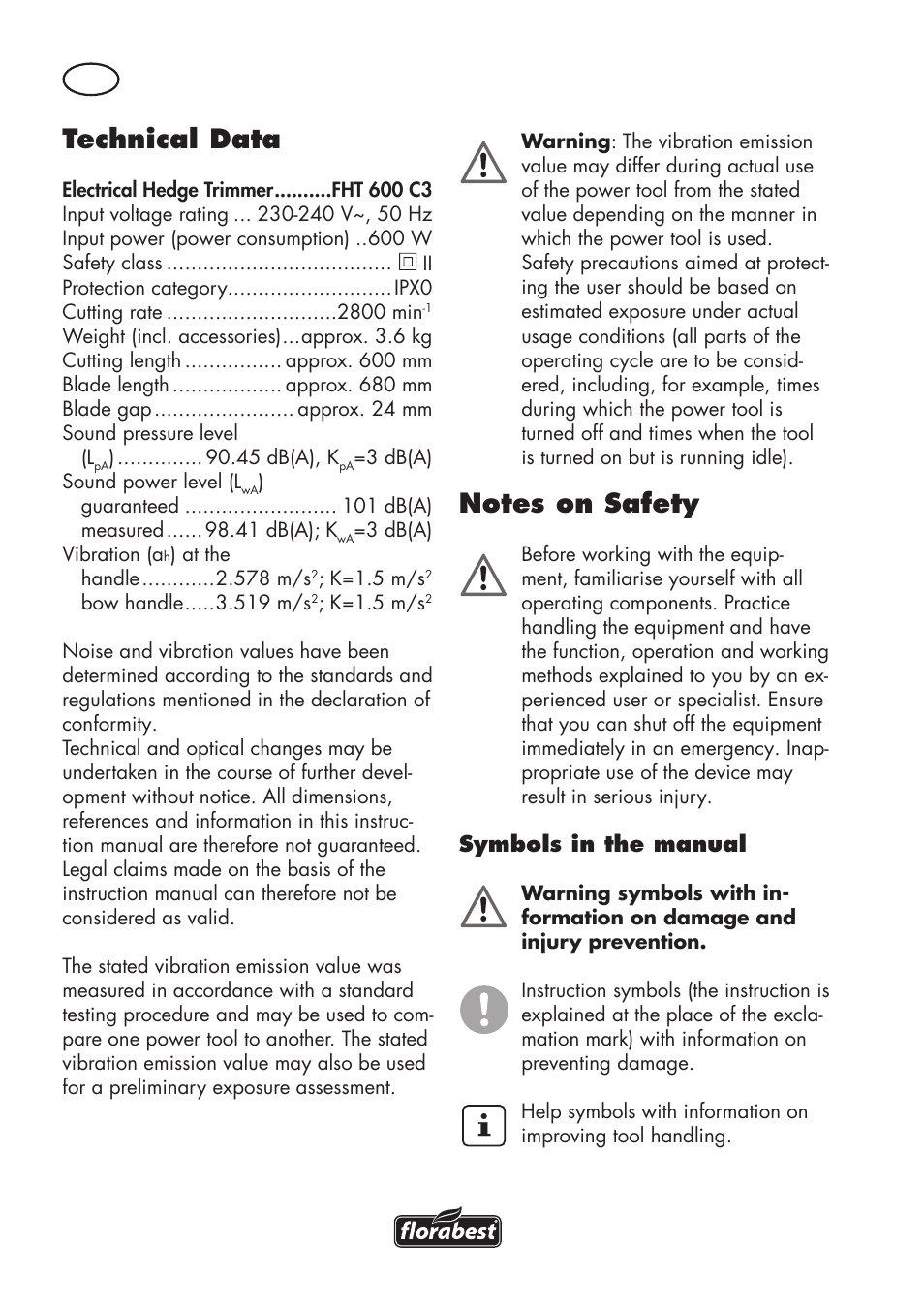 Technical data | Florabest FHT 600 C3 User Manual | Page 6 / 98