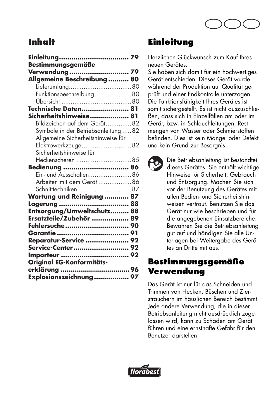 Einleitung, Bestimmungsgemäße verwendung, Inhalt | De at ch | Florabest FHT 600 C3 User Manual | Page 79 / 98