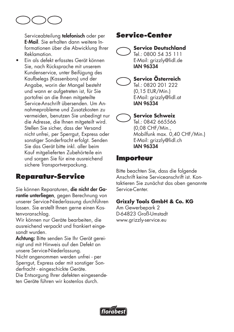 Reparatur-service, Service-center, Importeur | De at ch | Florabest FHT 600 C3 User Manual | Page 92 / 98