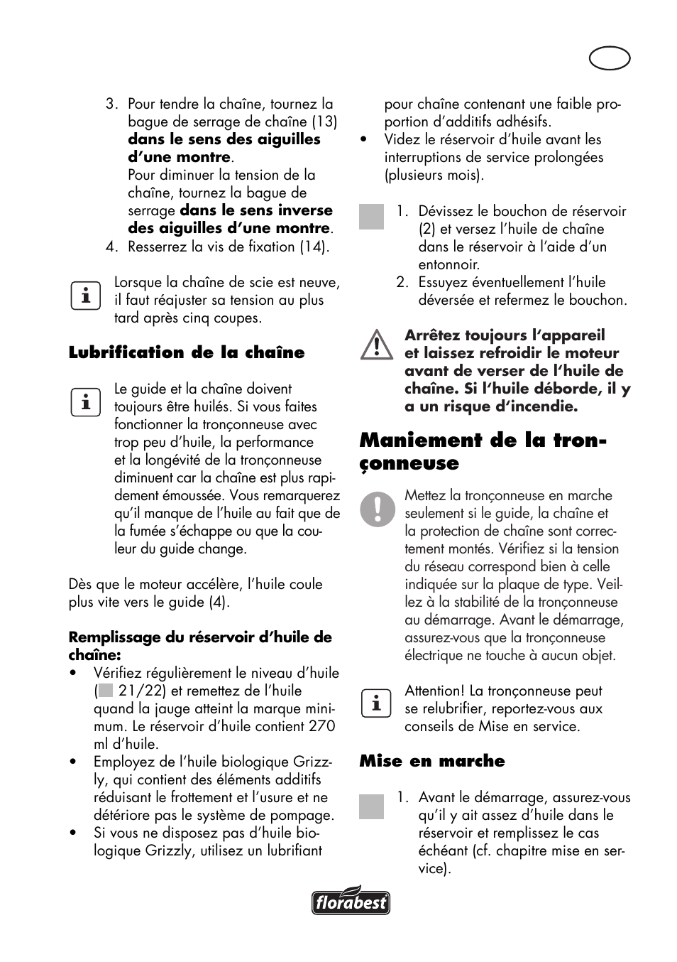 Maniement de la tron- çonneuse | Florabest FKS 2200 D2 User Manual | Page 15 / 80