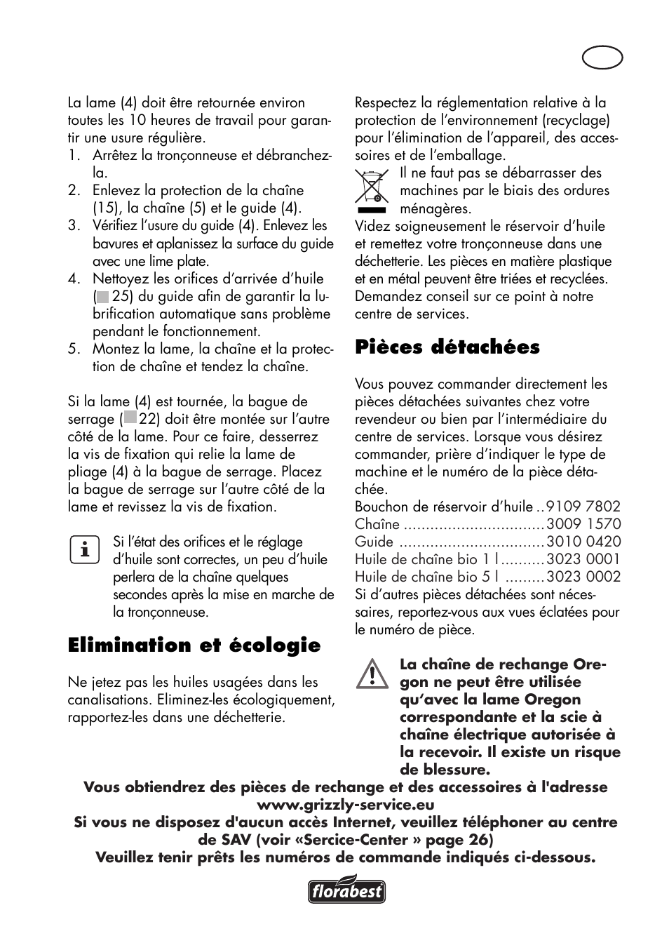 Elimination et écologie, Pièces détachées | Florabest FKS 2200 D2 User Manual | Page 23 / 80