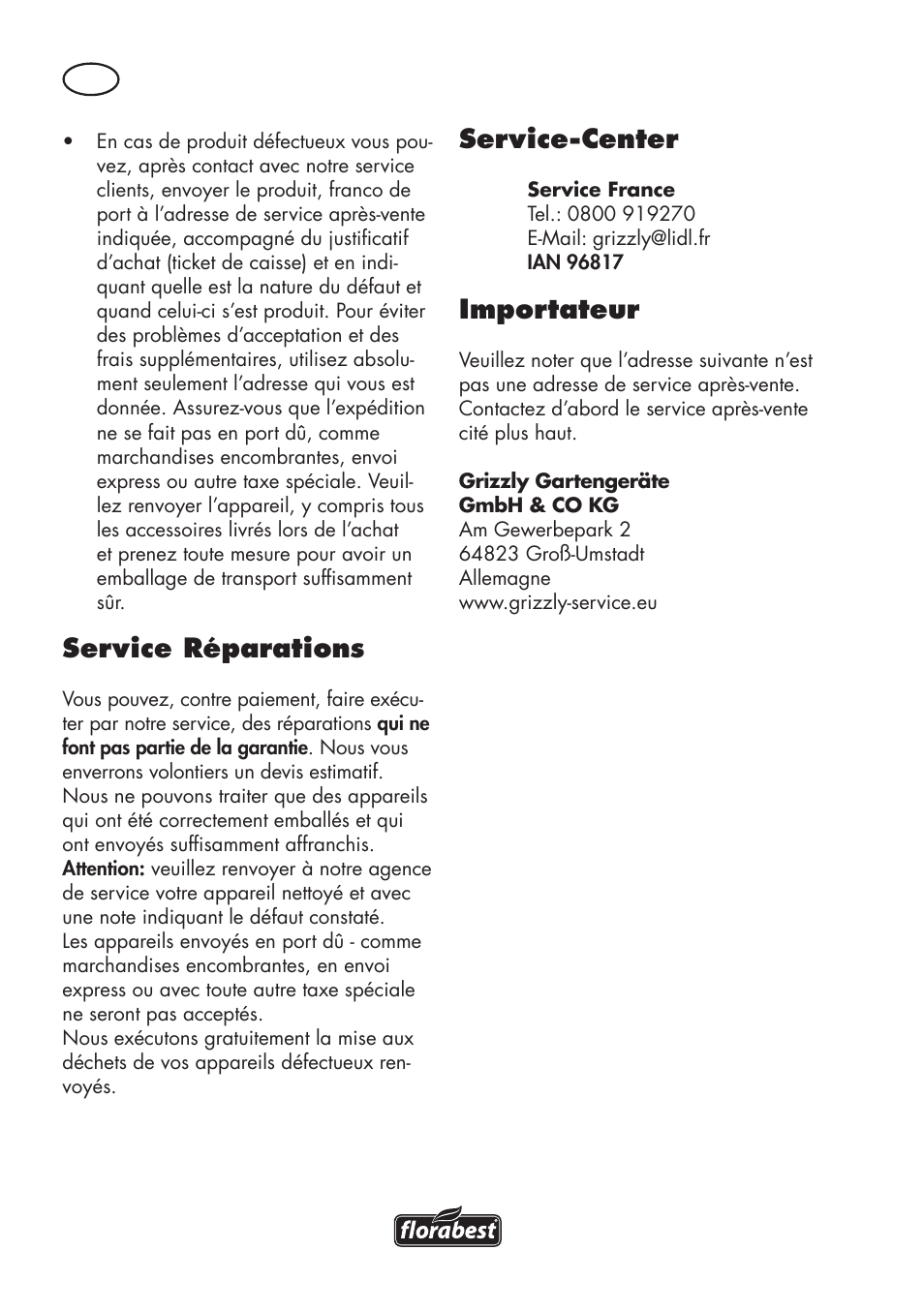 Service-center, Importateur, Service réparations | Florabest FKS 2200 D2 User Manual | Page 26 / 80