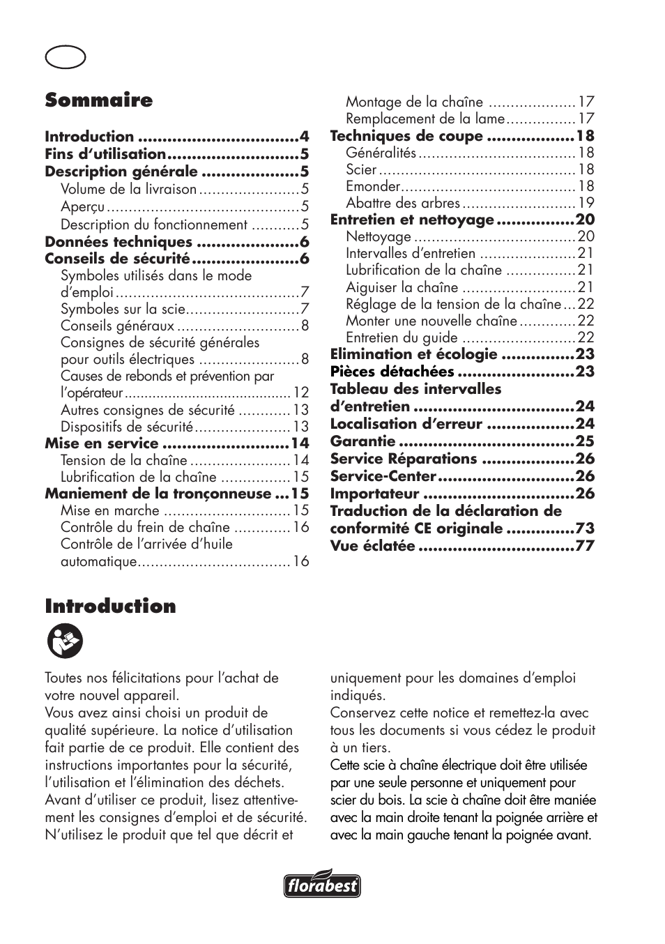Introduction, Sommaire | Florabest FKS 2200 D2 User Manual | Page 4 / 80