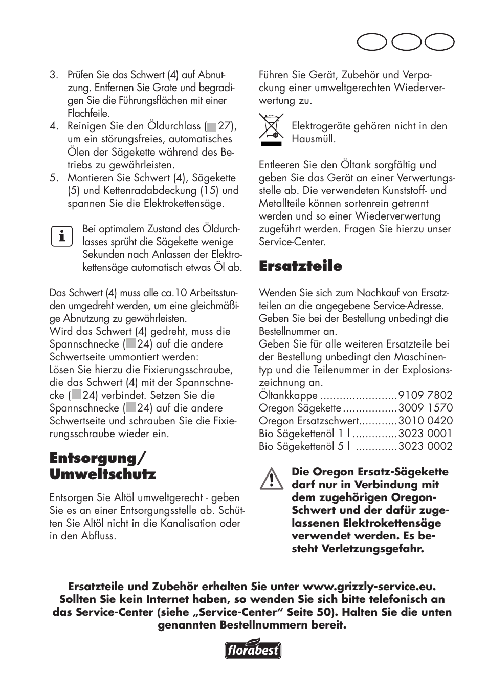 Entsorgung/ umweltschutz, Ersatzteile, At ch de | Florabest FKS 2200 D2 User Manual | Page 47 / 80