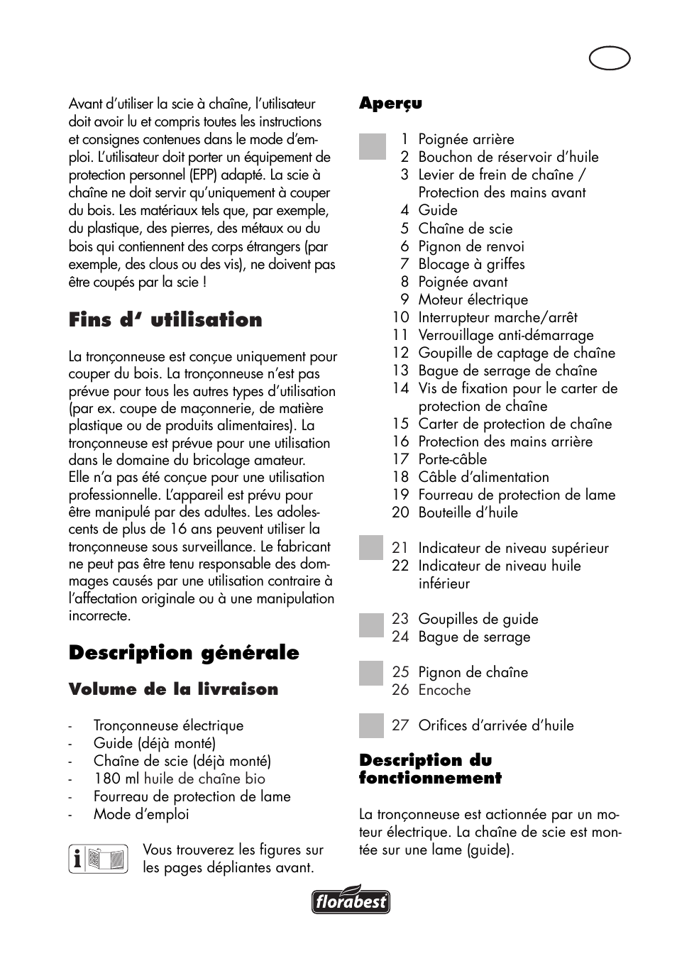Fins d‘ utilisation, Description générale | Florabest FKS 2200 D2 User Manual | Page 5 / 80