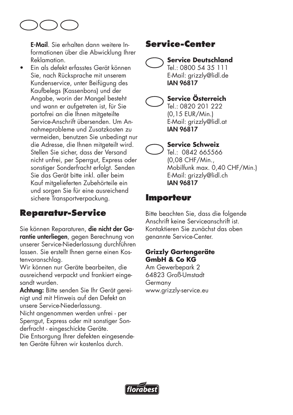 Service-center, Importeur, Reparatur-service | De at ch | Florabest FKS 2200 D2 User Manual | Page 50 / 80