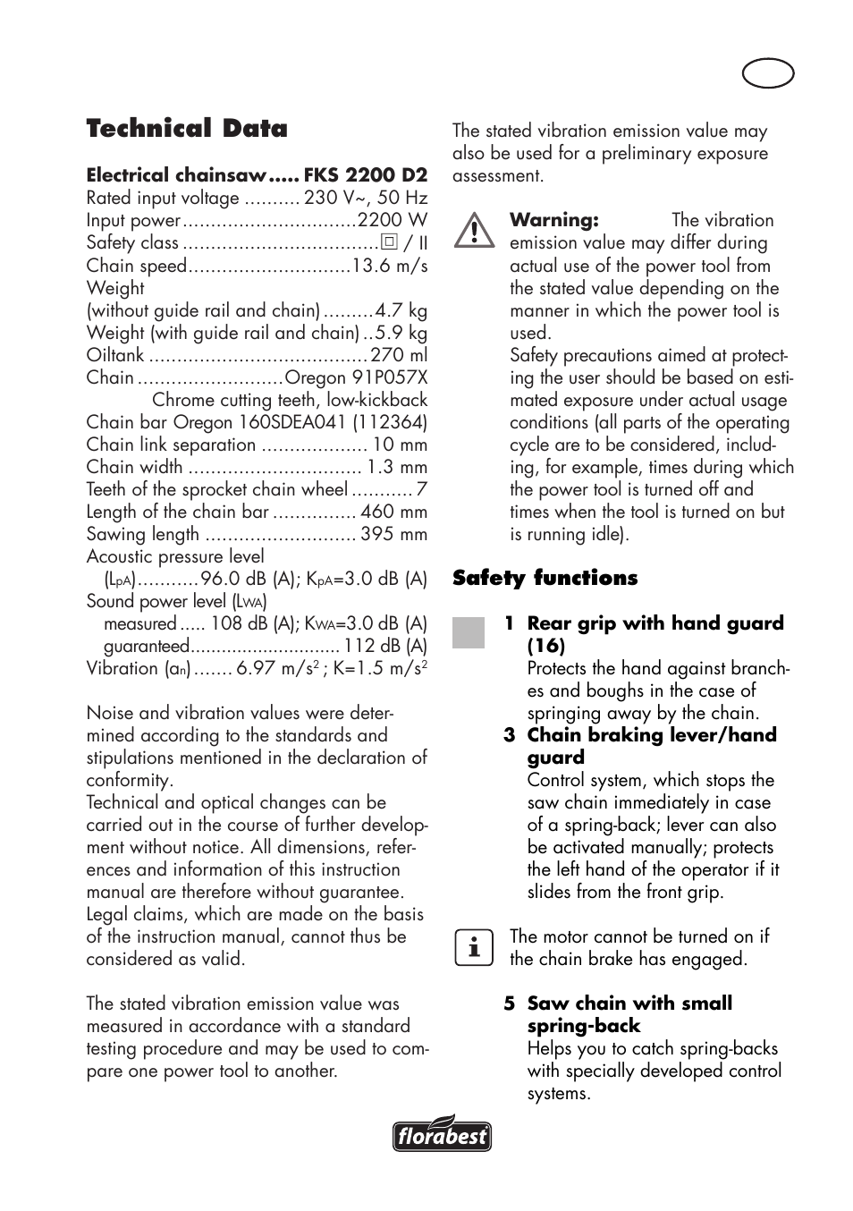 Technical data | Florabest FKS 2200 D2 User Manual | Page 53 / 80