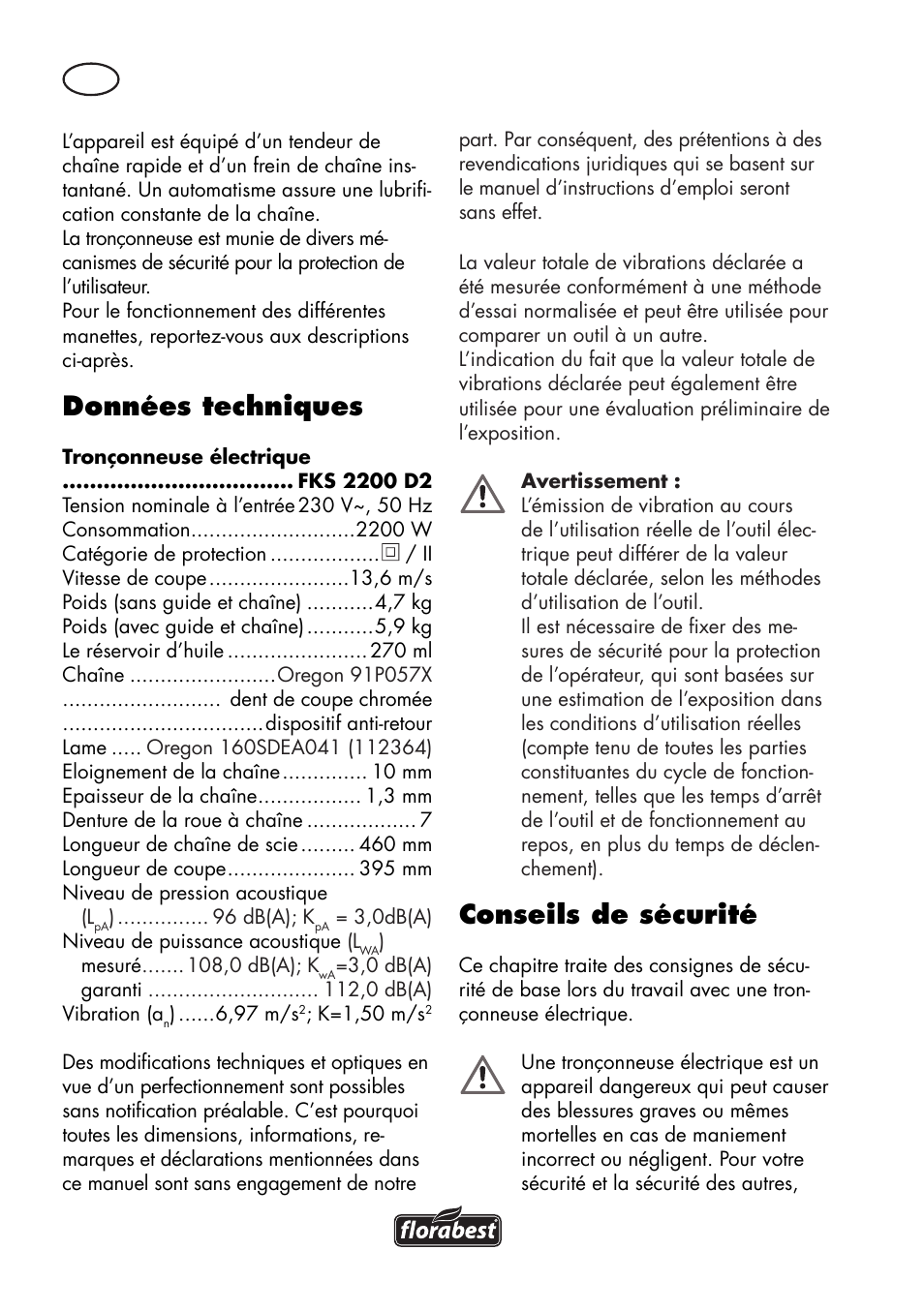 Données techniques, Conseils de sécurité | Florabest FKS 2200 D2 User Manual | Page 6 / 80